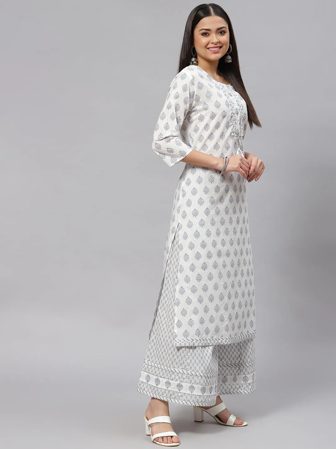 Women White Floral Straight Kurta Palazoo Set With Dupatta