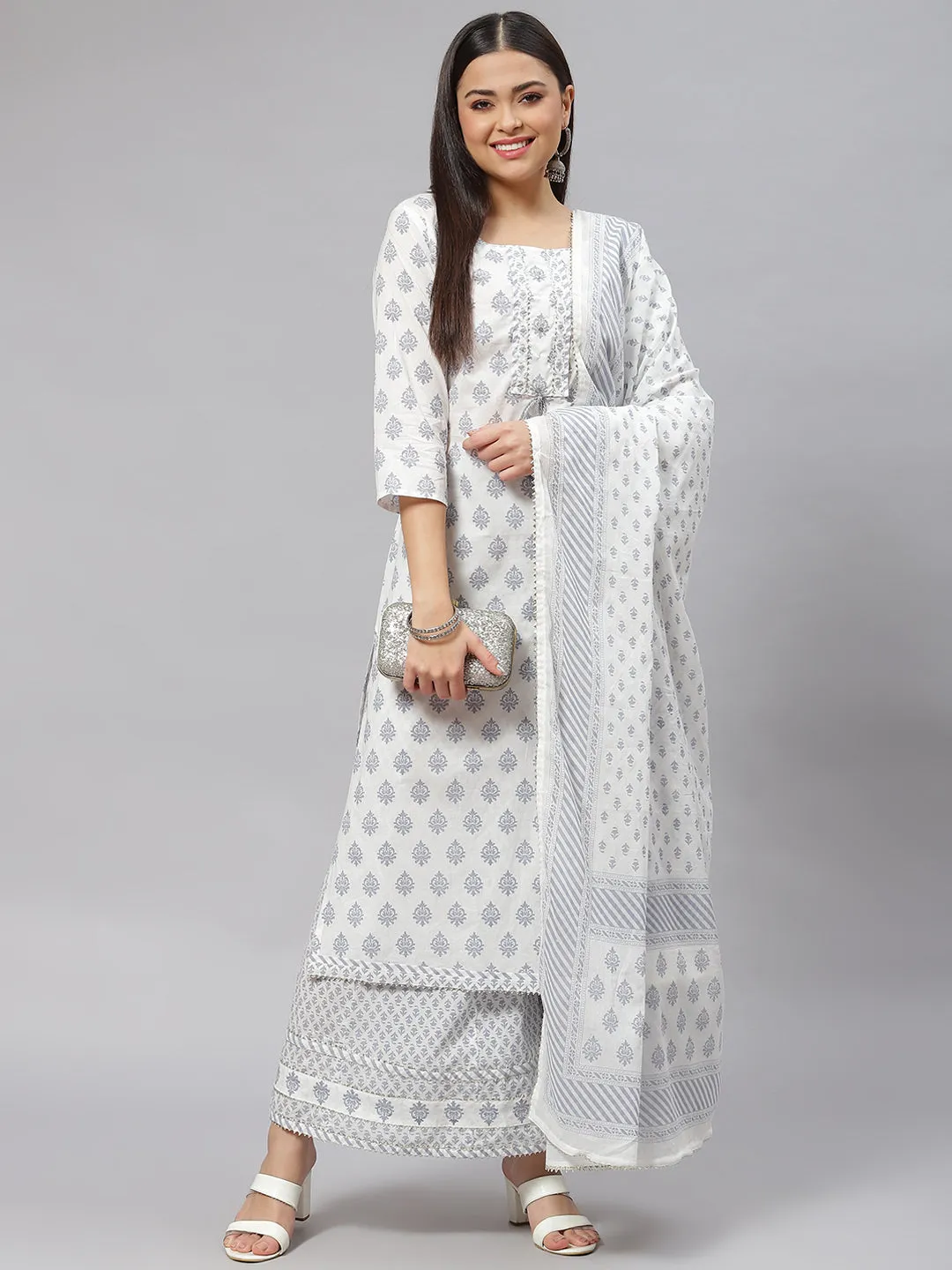 Women White Floral Straight Kurta Palazoo Set With Dupatta