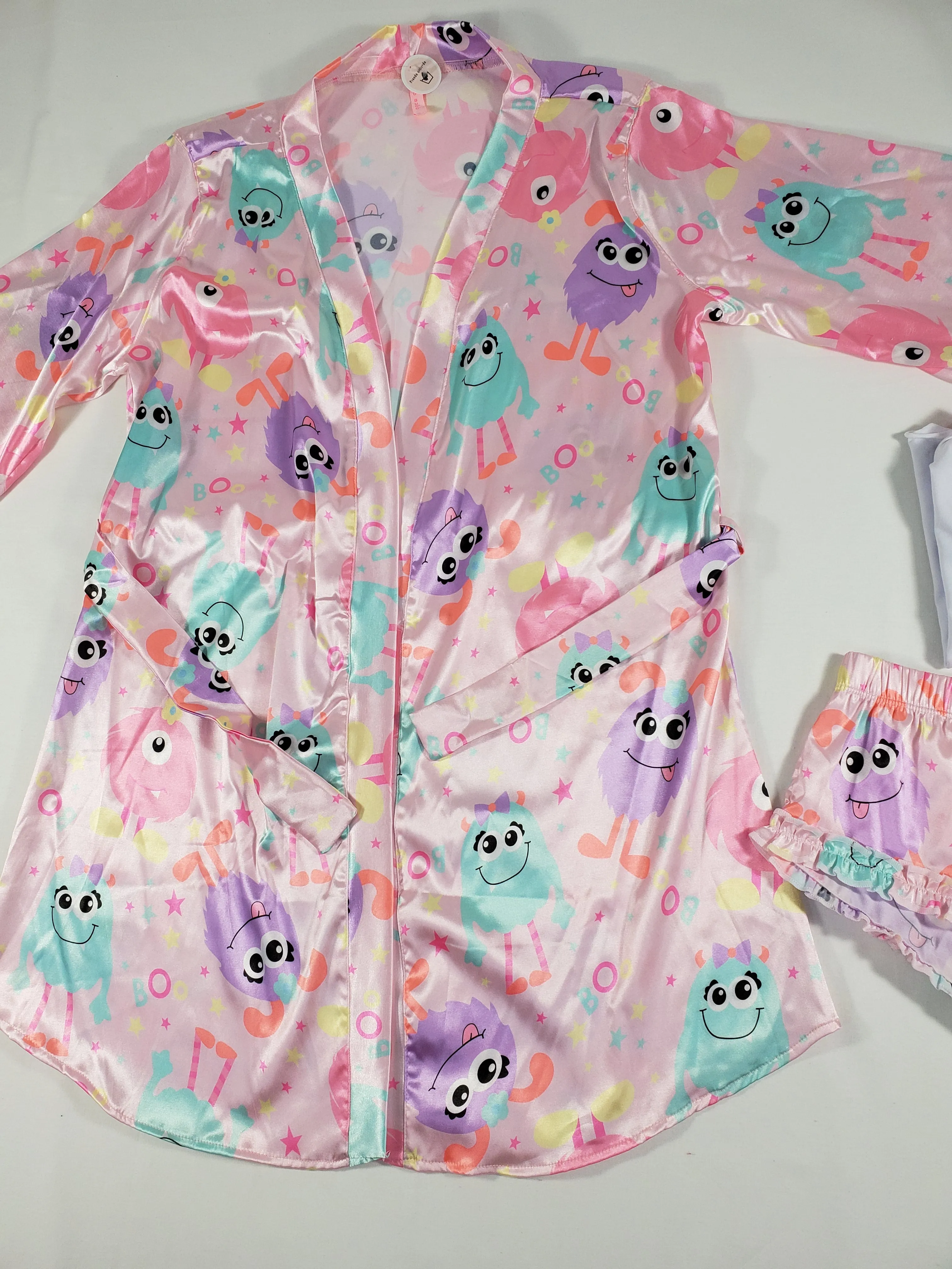 Women's 3-piece pink set satin robe and sexy shorts cute monsters theme classic white blouse
