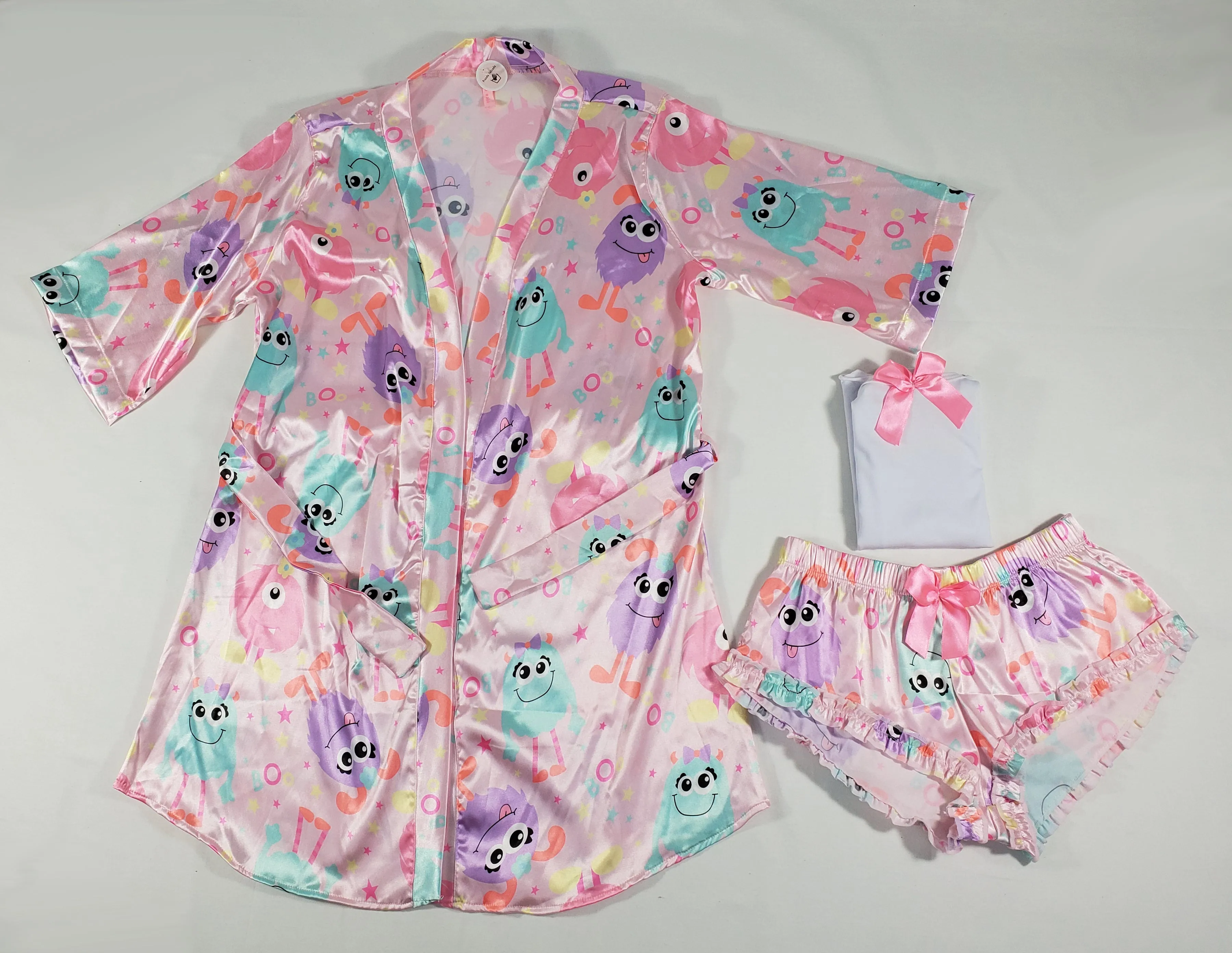 Women's 3-piece pink set satin robe and sexy shorts cute monsters theme classic white blouse