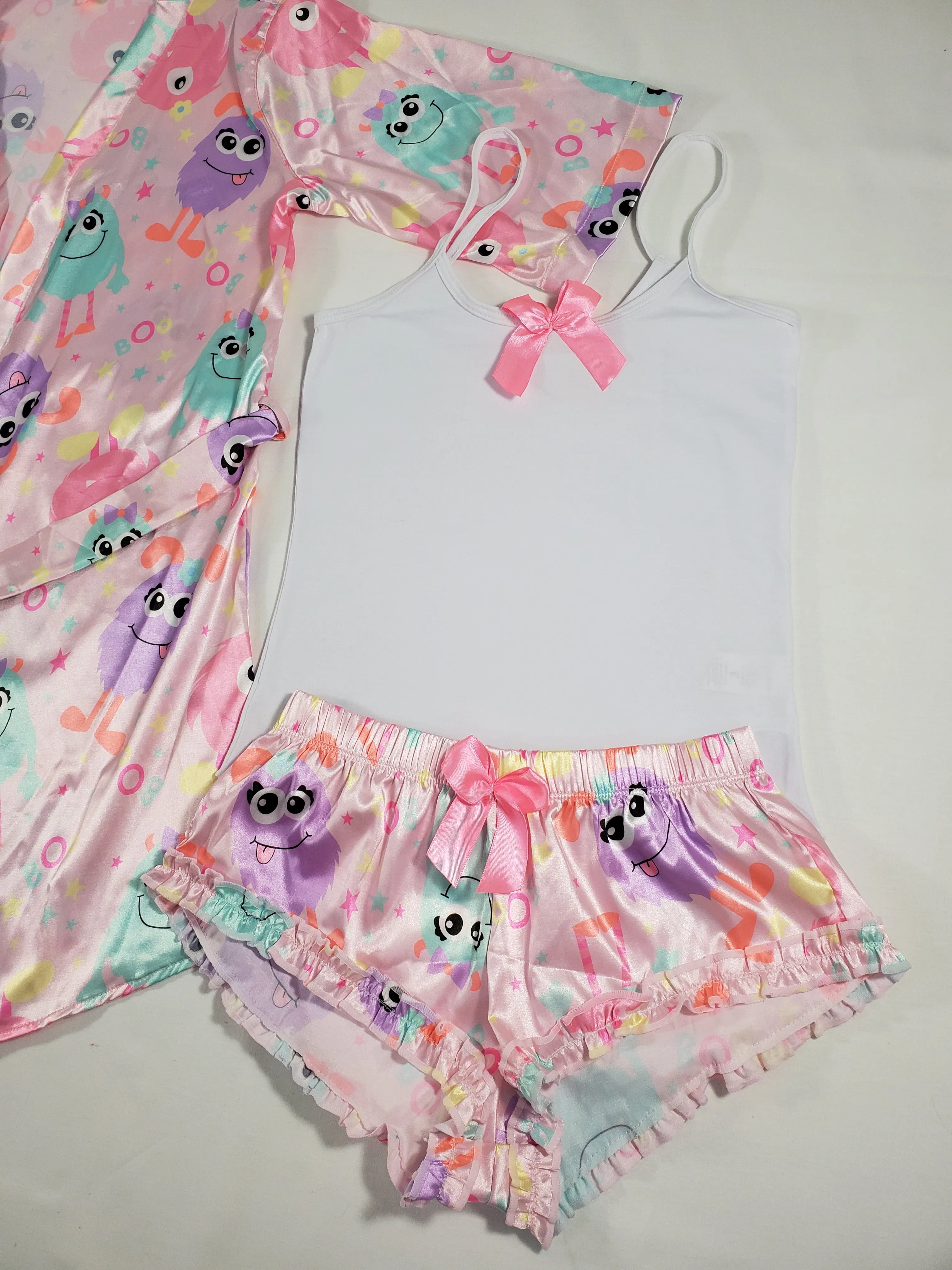 Women's 3-piece pink set satin robe and sexy shorts cute monsters theme classic white blouse