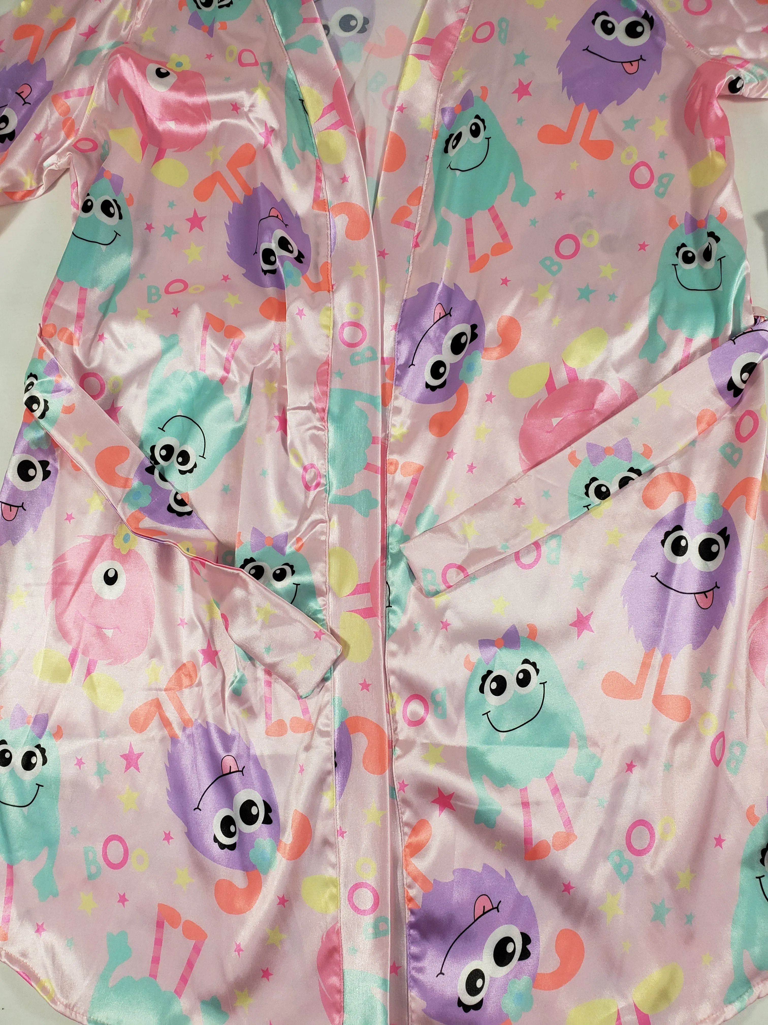 Women's 3-piece pink set satin robe and sexy shorts cute monsters theme classic white blouse
