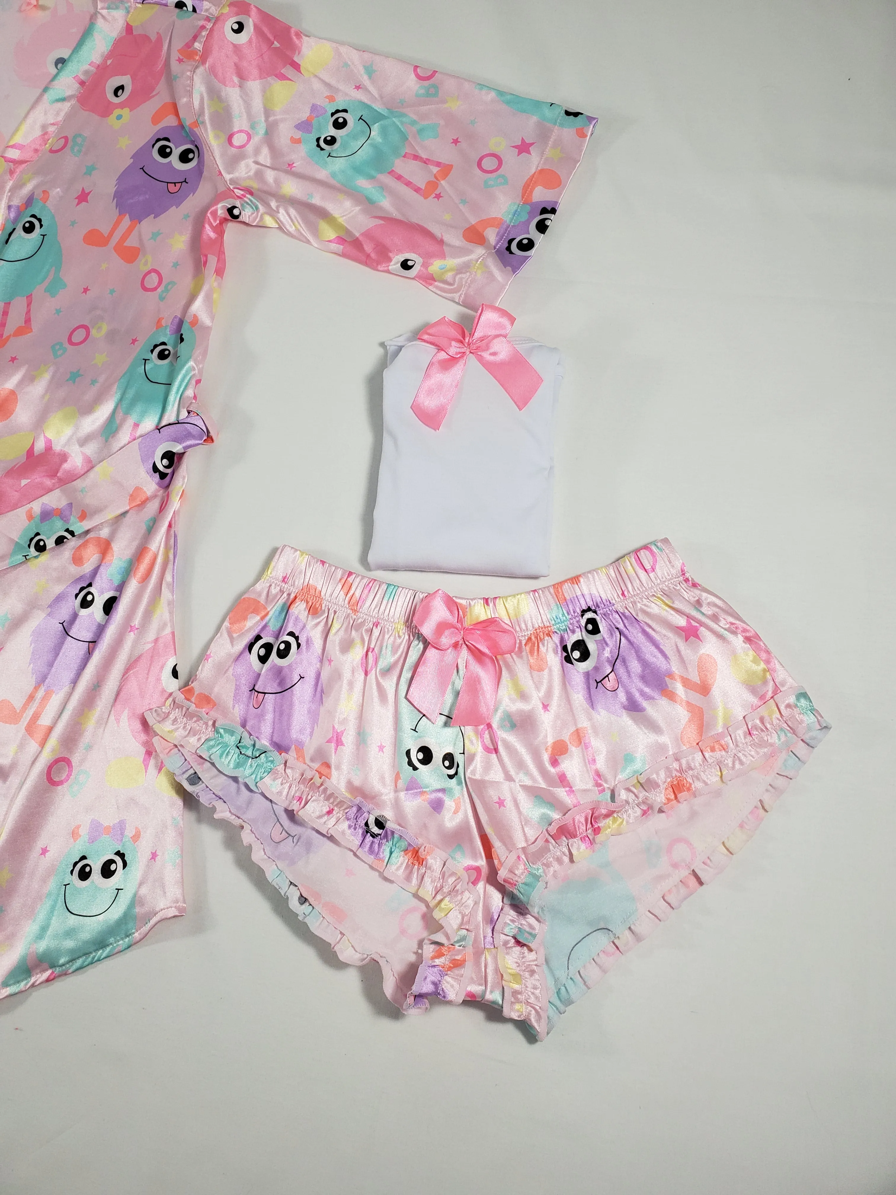 Women's 3-piece pink set satin robe and sexy shorts cute monsters theme classic white blouse