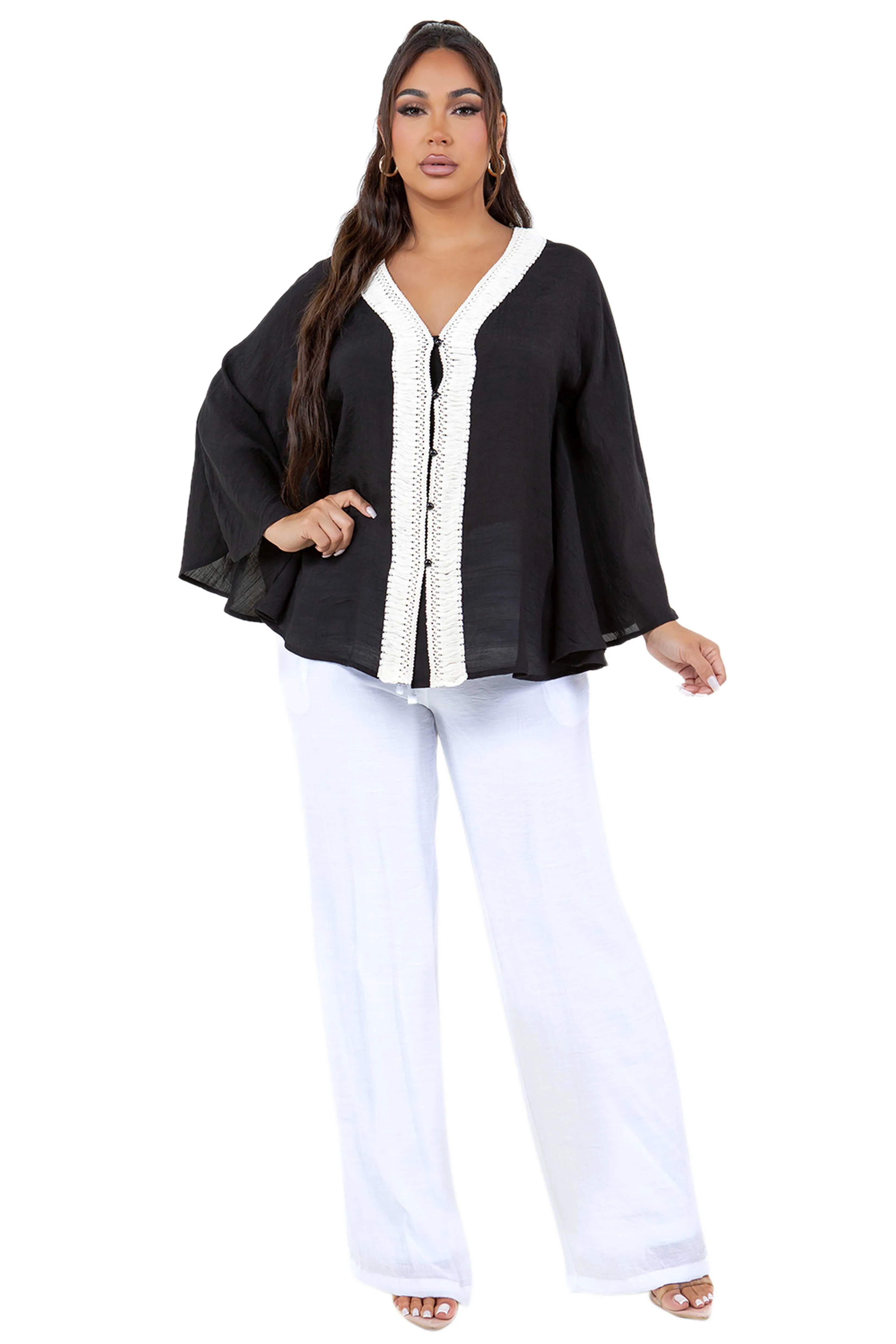 Women's Casual Resort Wear V Shaped Crochet Trimmed Neckline Dolman Sleeve Top
