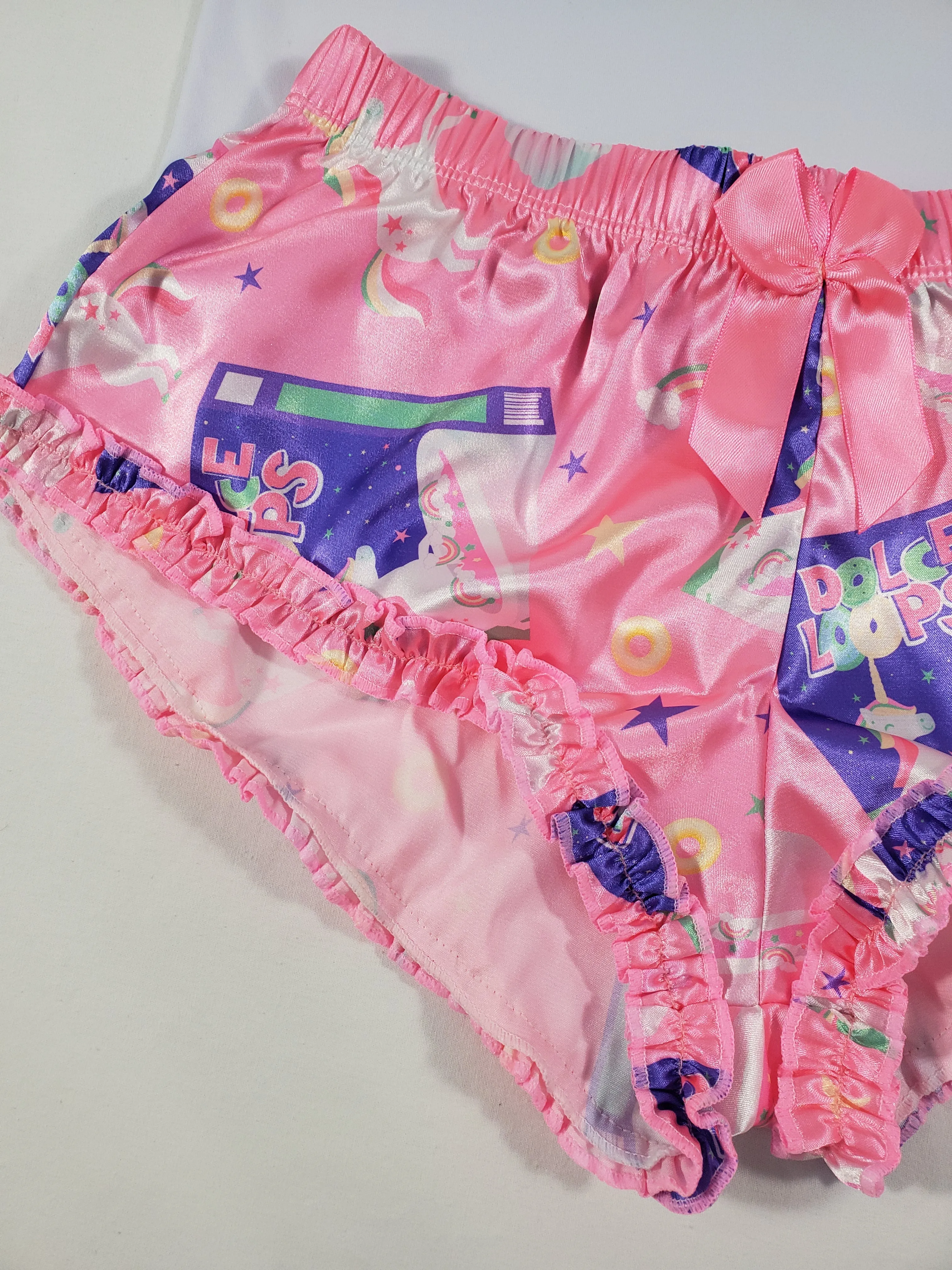 Women's Sexy pajama pink satin shorts breakfast cereal and unicorn theme white blouse