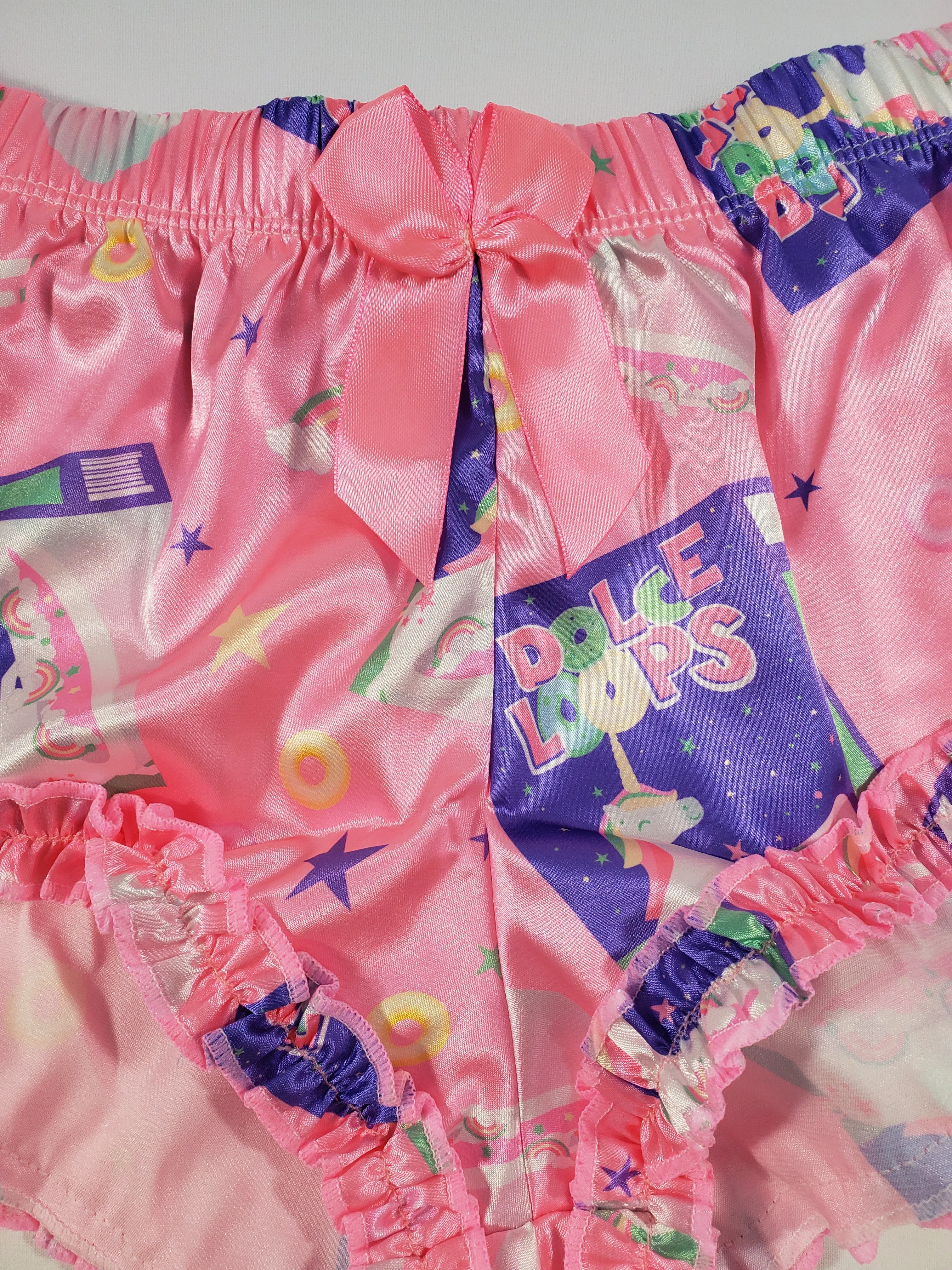 Women's Sexy pajama pink satin shorts breakfast cereal and unicorn theme white blouse