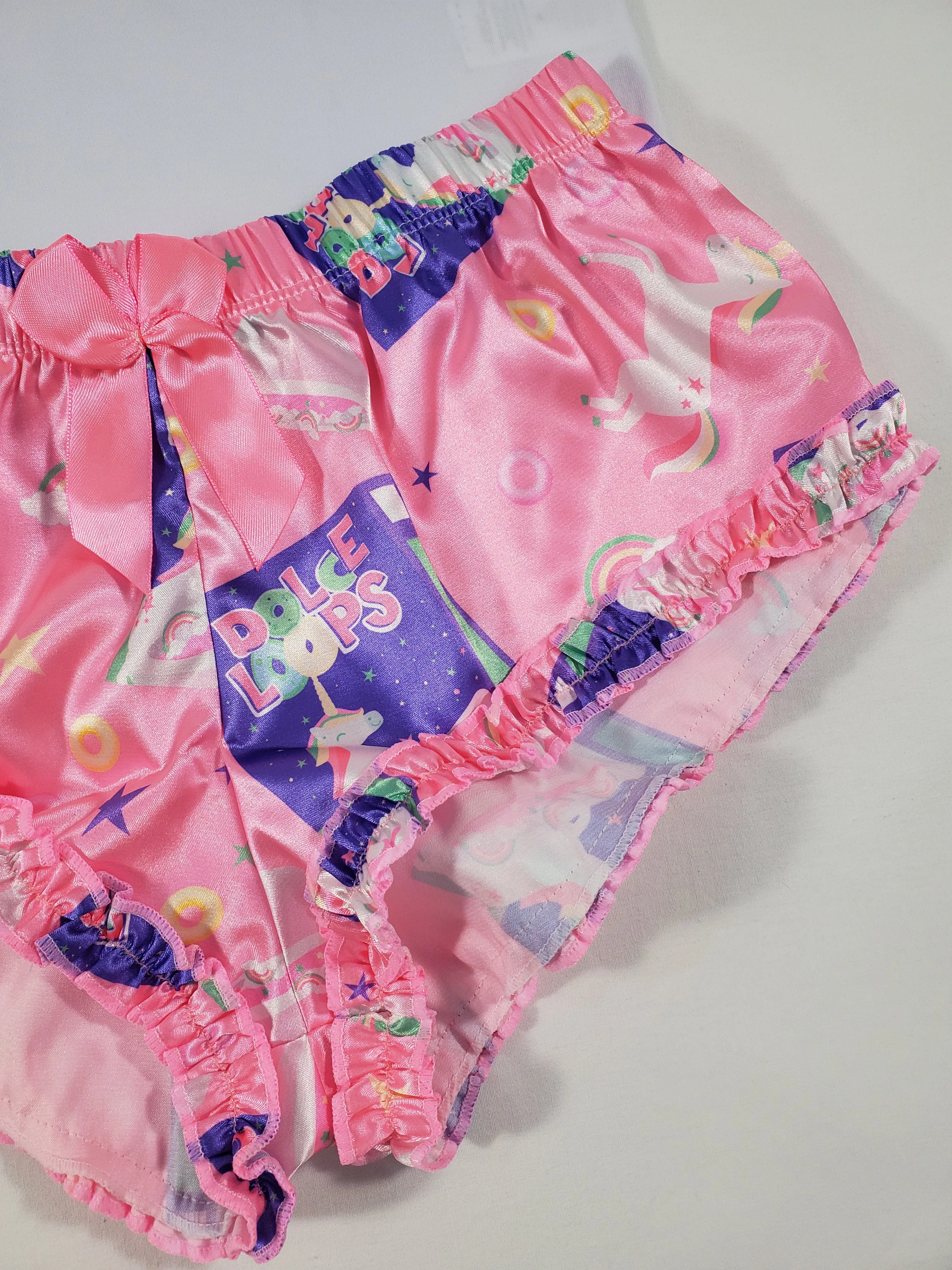 Women's Sexy pajama pink satin shorts breakfast cereal and unicorn theme white blouse