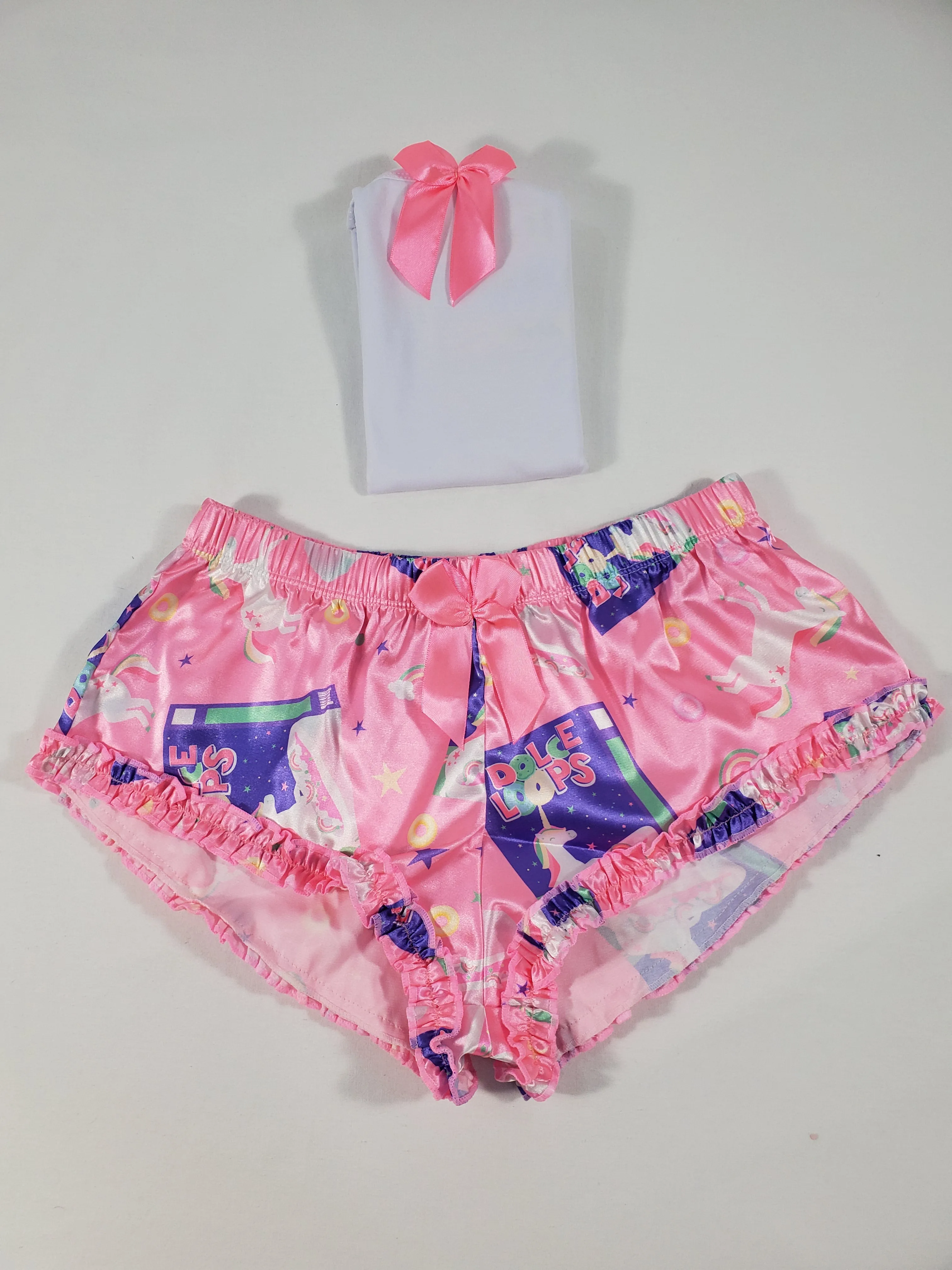 Women's Sexy pajama pink satin shorts breakfast cereal and unicorn theme white blouse