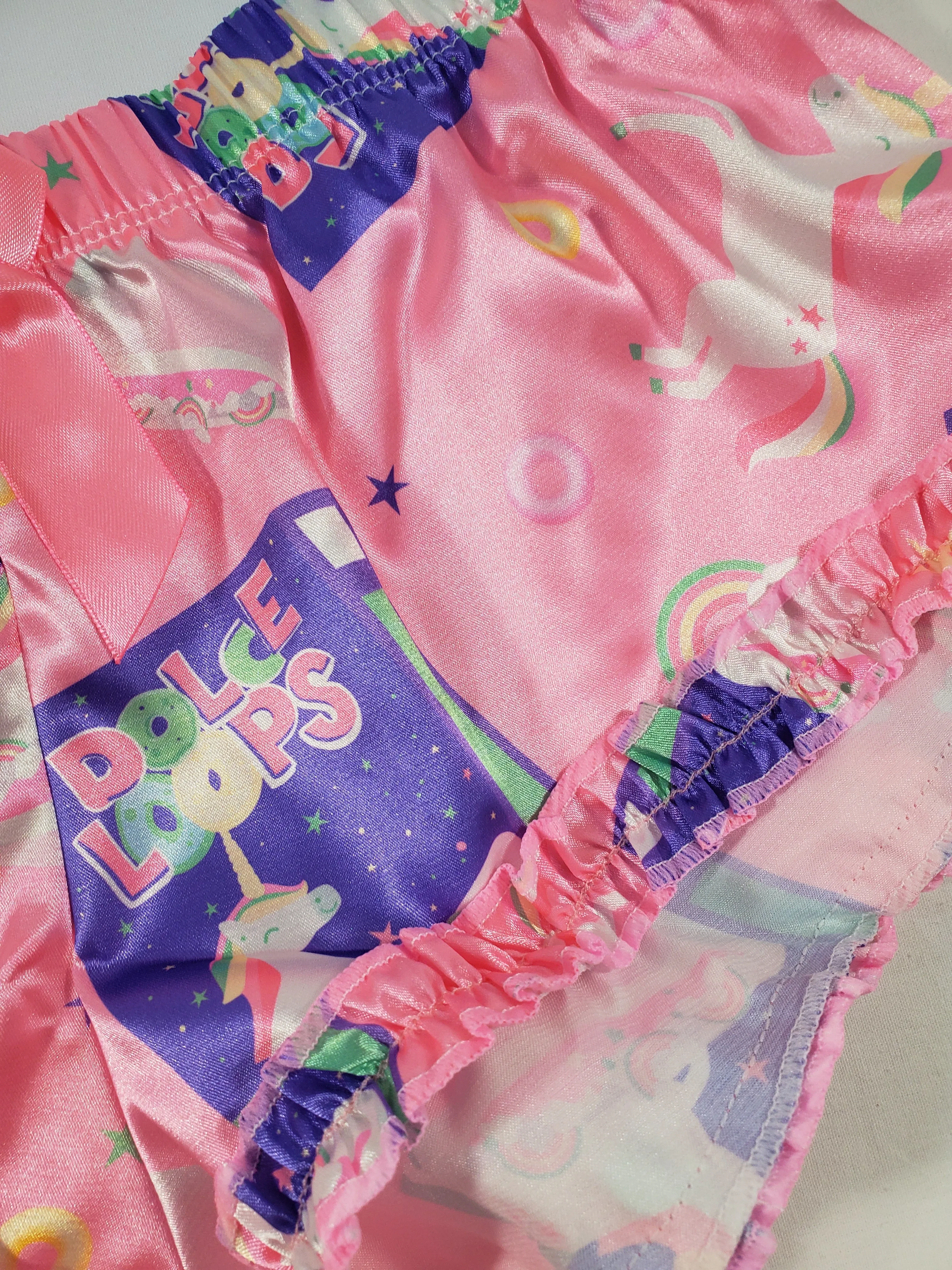 Women's Sexy pajama pink satin shorts breakfast cereal and unicorn theme white blouse